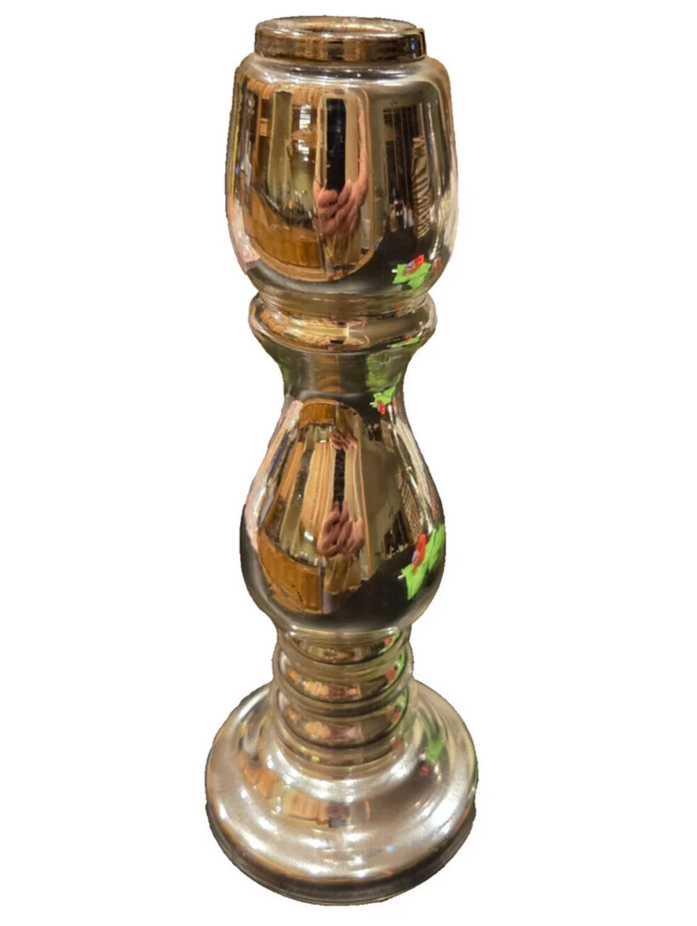 PAIR Mercury Glass Candlesticks Silvered Turned Column Victorian Style Vintage
